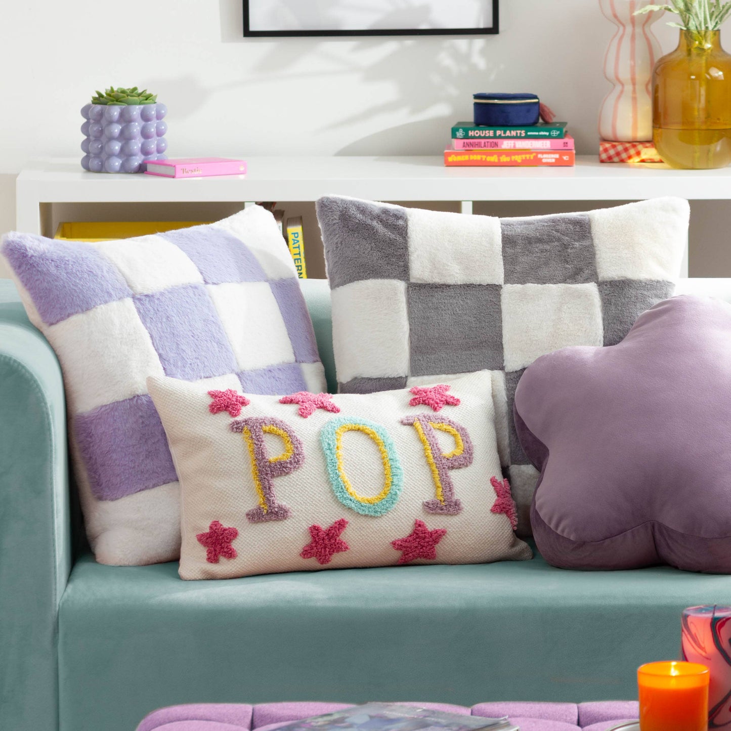 Cozee Check Faux Fur Cushion Lilac