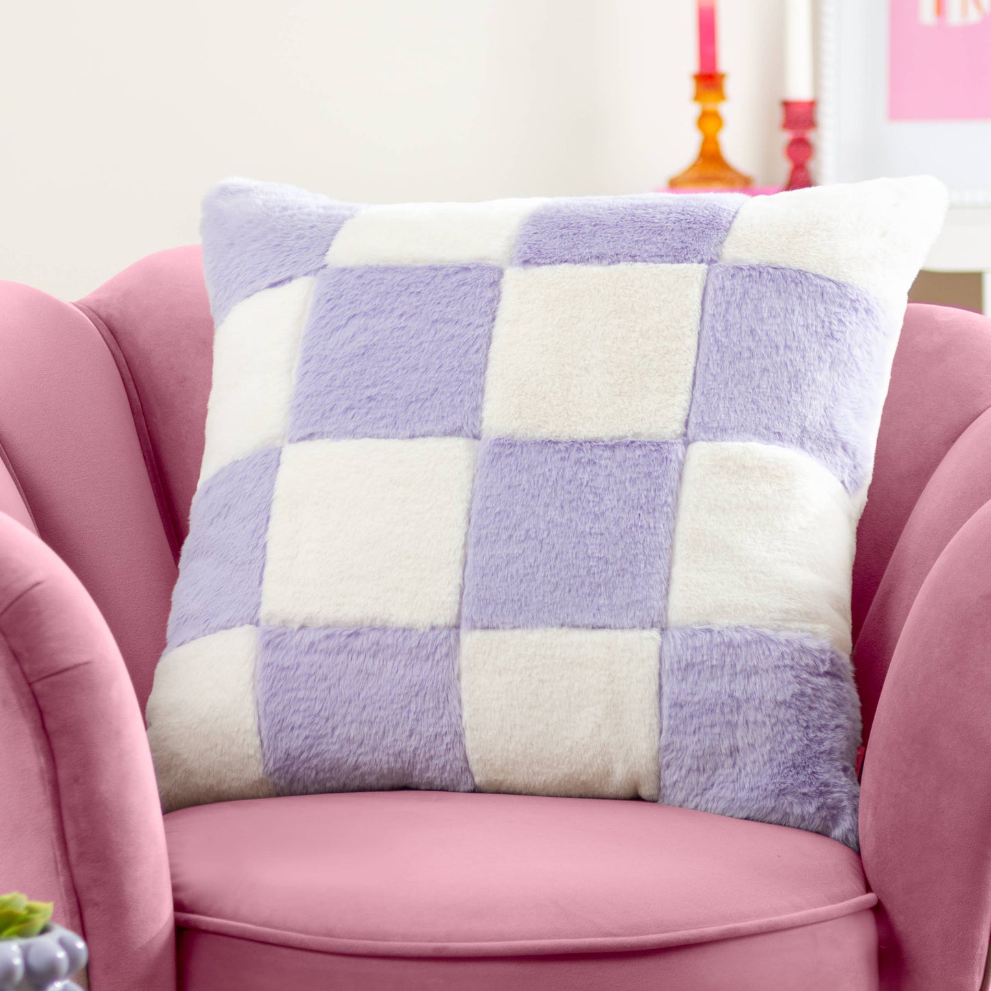 Cozee Check Faux Fur Cushion Lilac