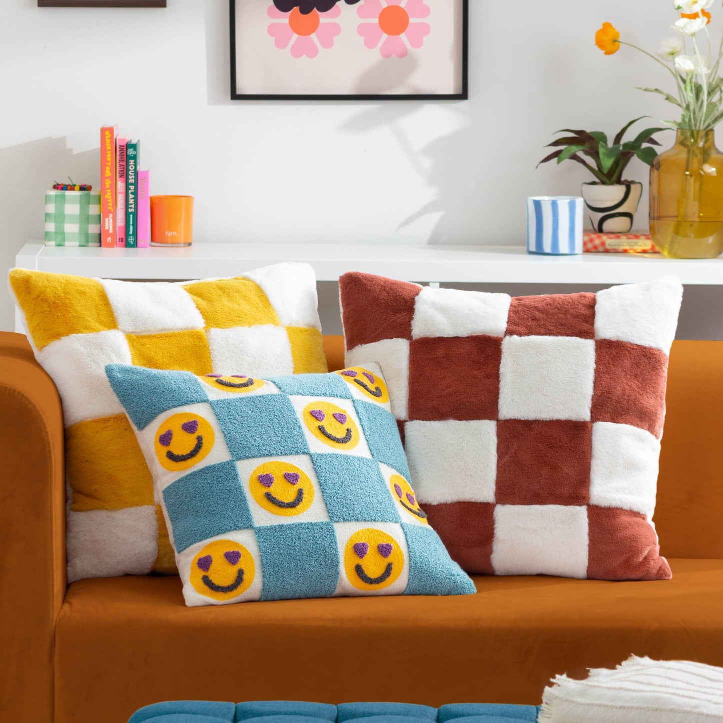 Cozee Check Faux Fur Cushion Yellow