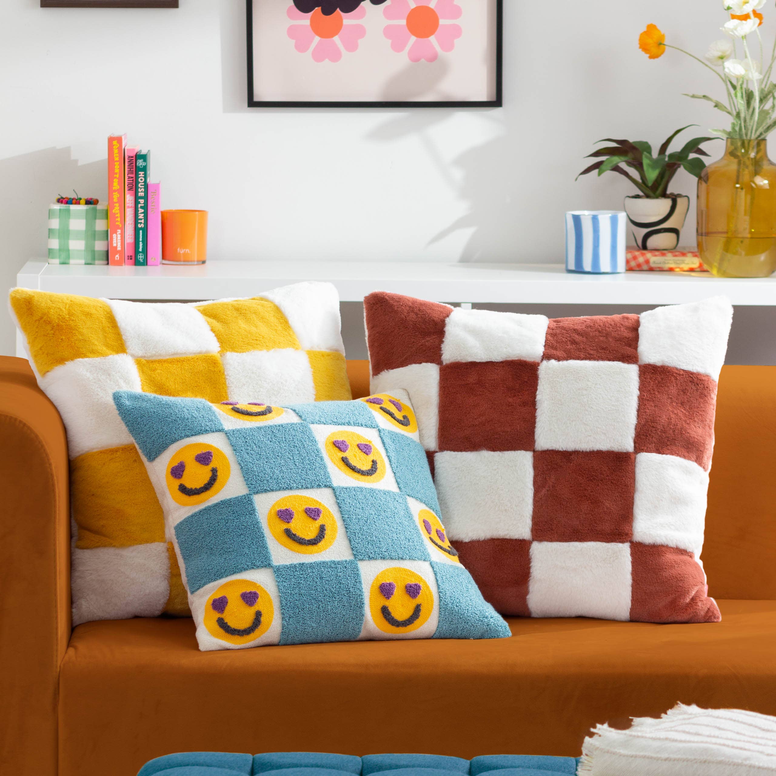 Cozee Check Faux Fur Cushion Yellow