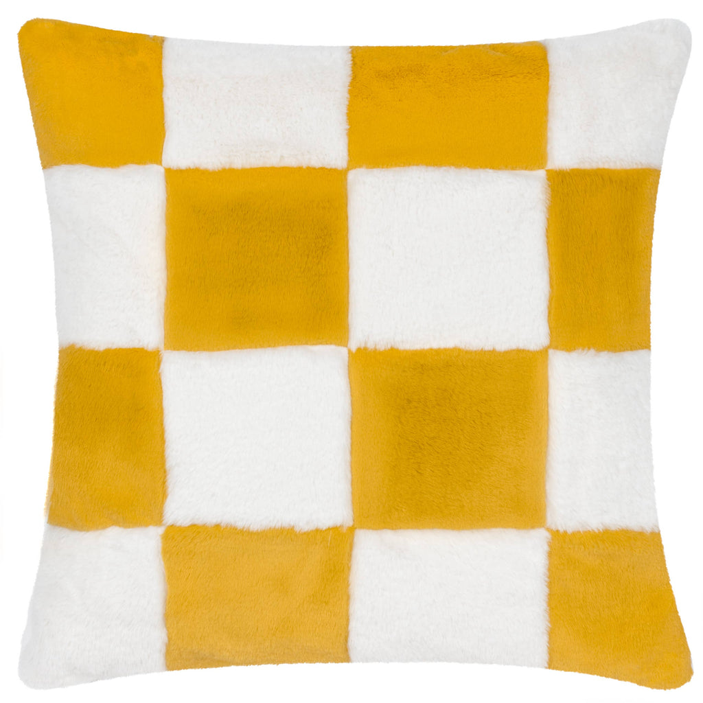 Cozee Check Faux Fur Cushion Yellow