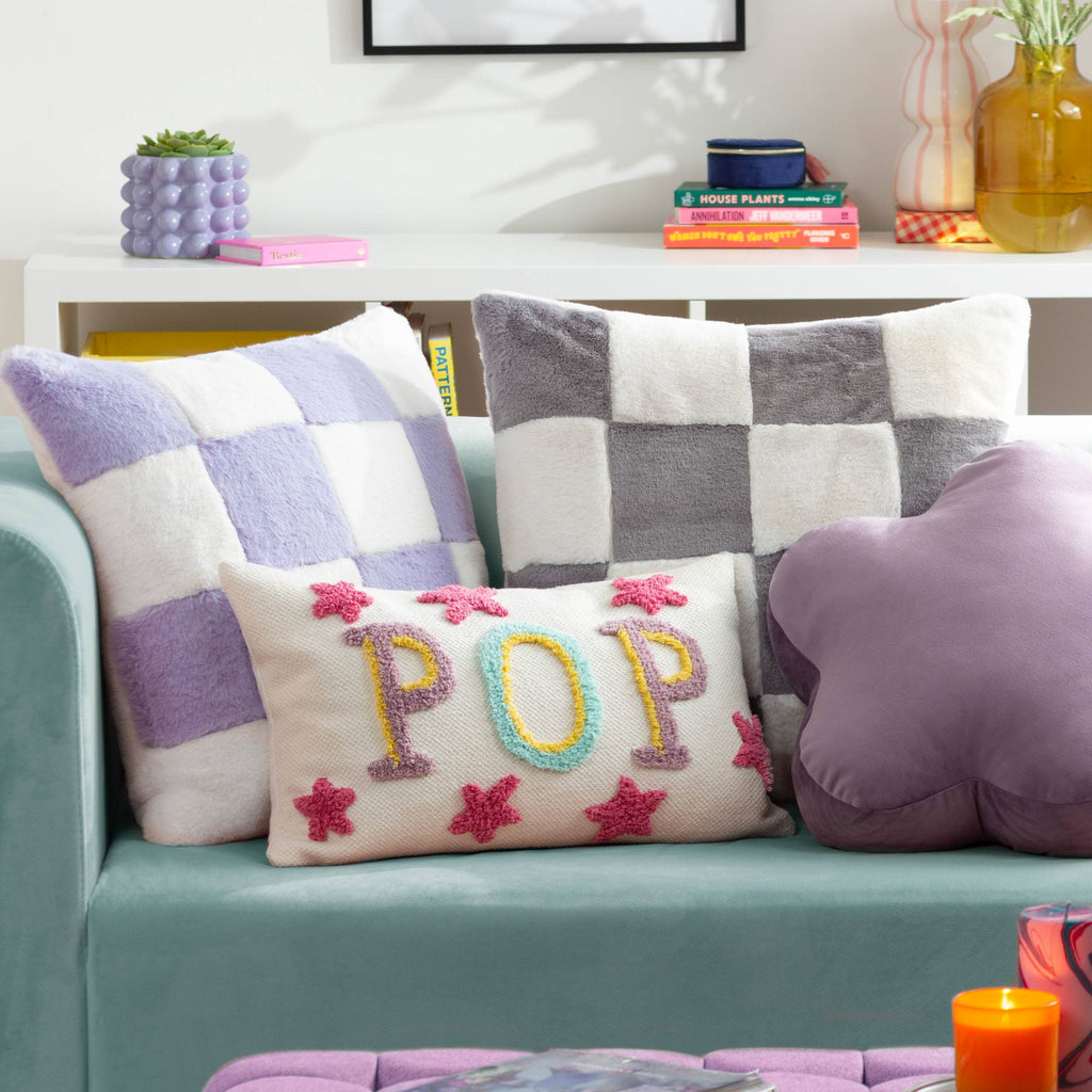 Cozee Check Faux Fur Cushion Lilac
