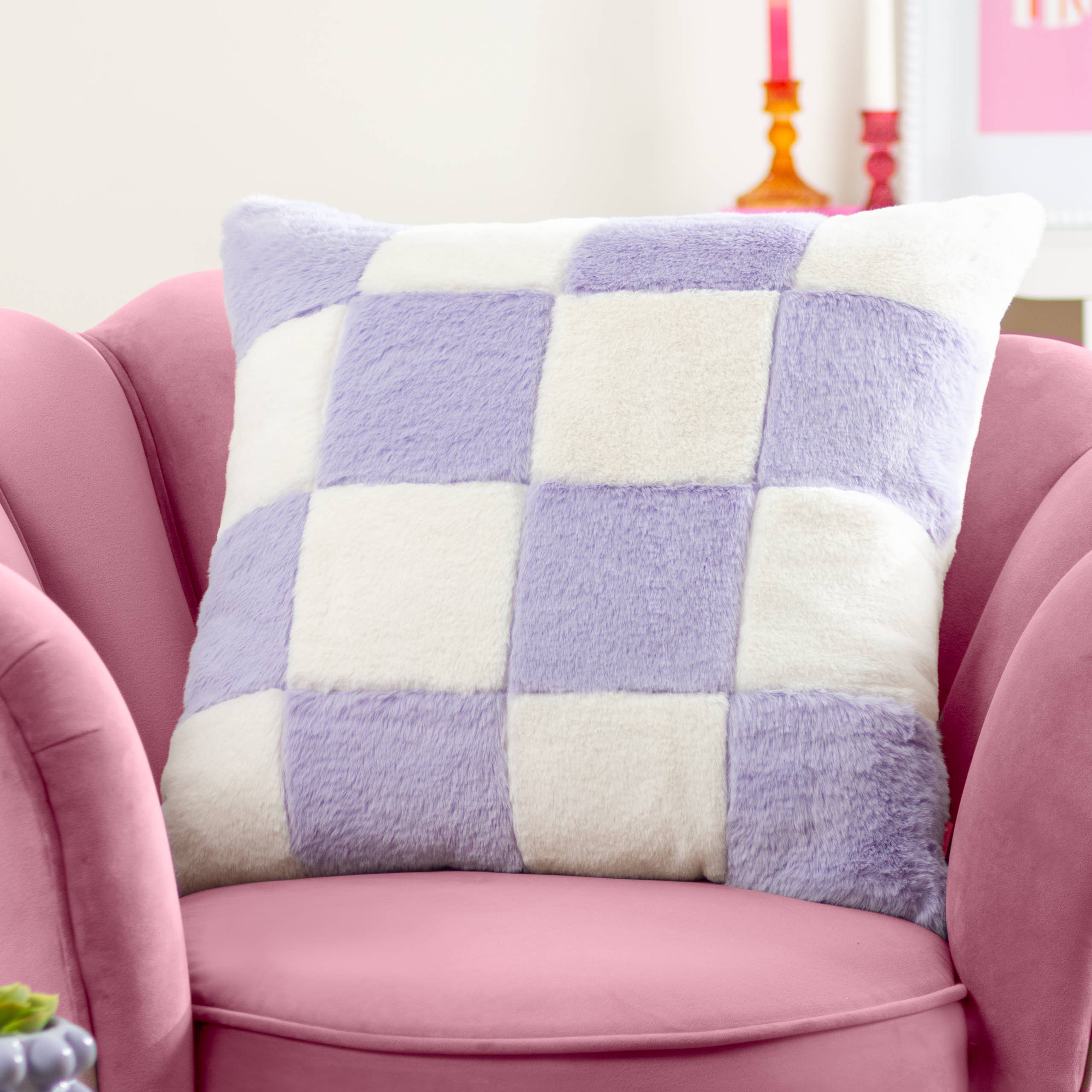 Cozee Check Faux Fur Cushion Lilac